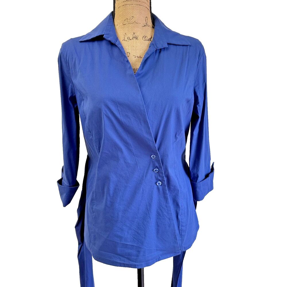 Flavio Castellani Women's Blue Button-Down Stylish Tie 3/4 Sleeves Shirt Sz 8/44